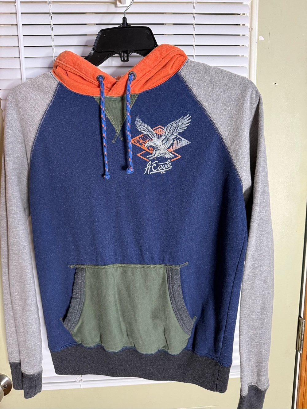 Vintage American Eagle Men's Navy, Gray & Orange Colorblock Hooded Sweatshirt. S